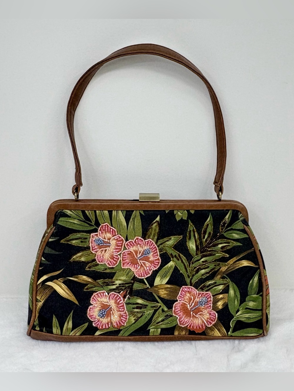 Tropical Breaded Pink Hibiscus Palm Leaves Black & Brown Bag w Gold Hardware